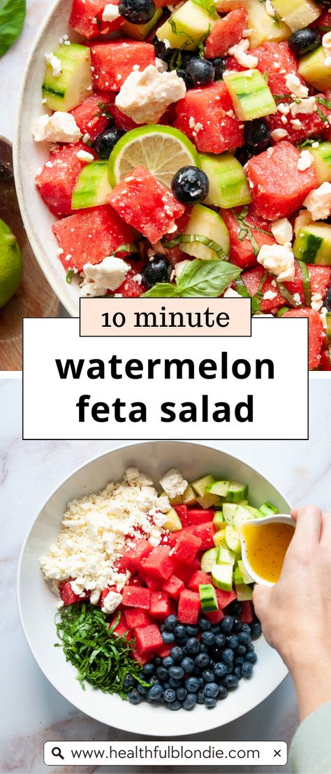 This refreshing, sweet watermelon basil salad is full of fresh ingredients like blueberries, sliced cucumber, and crumbled feta cheese. It's tossed in a simple lime dressing and makes for the perfect summer side dish! Watermelon Basil Salad, Watermelon Basil, Sliced Cucumber, Basil Salad, Blueberry Salad, Watermelon Feta Salad, Watermelon And Feta, Sweet Watermelon, Bunny Party