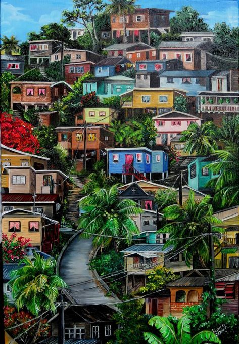 Tropical Village Concept Art, Caribbean Art Paintings, Caribbean Culture Art, Haiti Art, Treehouse Village Art, Townhome Design, Indie Photos, Tropical City, Caribbean Landscape Painting