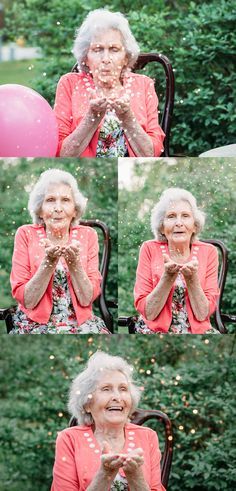 95th Birthday Party Ideas, Grandmother Photography, 90th Birthday Party Ideas, 90th Birthday Ideas, Blowing Glitter, Adult Cake Smash, Grandma Photos, Grandmother Birthday, 95 Birthday