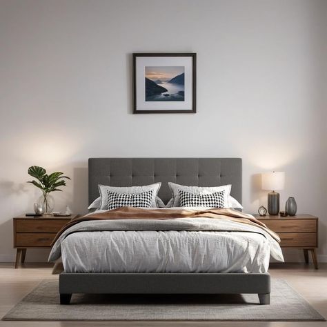 This beautiful Upholstered Platform Bed features tufted upholstered headboard that adds a contemporary chic look to your bedroom and filled in thick foam to add extra comfort.Sturdy wood frame construction and a wooden slat system to add extra stability… Dark Grey Fabric Headboard Bedroom Ideas, Gray Backboard Bed, Gray Wood Nightstand, King Size Bed Bedroom Ideas, Grey Bed Brown Furniture, Styling Grey Bedframe, Gray Bed Frame Ideas, Dark Grey Bed Headboard, Contemporary Room Bedroom