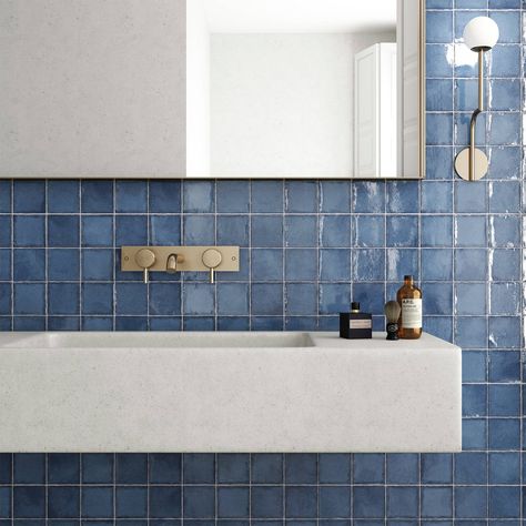 Blue Silver Bathroom, Blue Powder Room Ideas, Mermaid Tile Bathroom, Blue Master Bath, Square Tile Bathroom, Work Bathroom, Light Blue Tile, Dark Blue Tile, Dark Blue Bathrooms