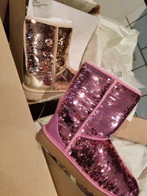 Sequins UGG Boots - Pink & Gold Sequin Uggs Outfit, Sequin Uggs, Glitter Uggs, Sequin Ugg Boots, Pink Ugg Boots, Backyard Kids Play Area, Pink Uggs, Sequin Boots, Trendy Shoes Sneakers