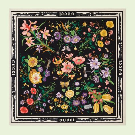 Shop the Flora print silk scarf in black at GUCCI.COM. Enjoy Free Shipping and Complimentary Gift Wrapping. Tactical Design, Print Scarf Design, Silk Scarf Design, Black Silk Scarf, Ss 2024, Hijab Designs, Gucci Floral, Flora Print, Gucci Shop