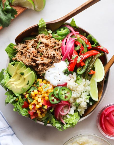 Easy, delicious Instant Pot Pork Carnitas Salad, served over lettuce with cauliflower rice, pickled onions, bell peppers, corn salsa, coconut yogurt and sliced avocado. All served together, they make an easy and completely drool-worthy Carnitas Salad that’s grain free and dairy free with simple Keto, Low Carb, Whole30 and Paleo adaptations. #cookathomemom #carnitas #instantpot Carnitas Salad, Instant Pot Pork Carnitas, Instant Pot Carnitas, Pickle Onions Recipe, Meals Gluten Free, Corn Salsa Recipe, Quick Pickled Onions, Sliced Avocado, Carnitas Recipe