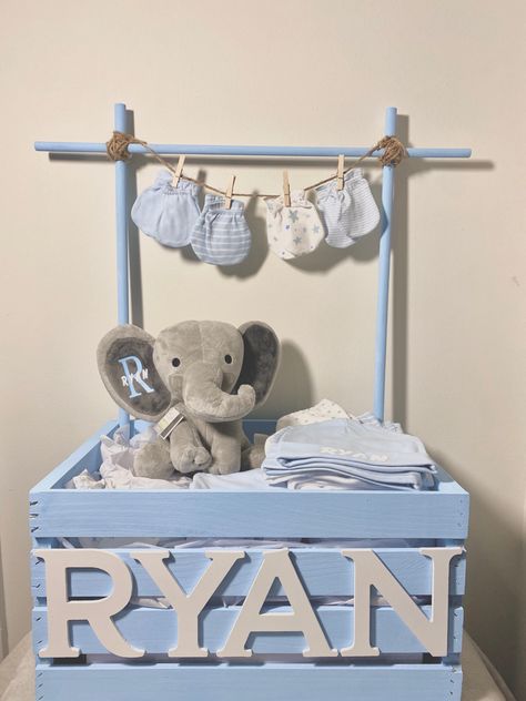 Baby Storage Boxes, Baby Shower Basket Gift Ideas Boy Diy, Baby Shower Wooden Crate Gift, Baby Wardrobe Gift, Baby Clothes Packing Ideas For Gift, Baby Shower Clothes Rack Gift, Boy Baby Shower Gift Ideas, Baby Shower Clothes, Baby Gift Wrapping