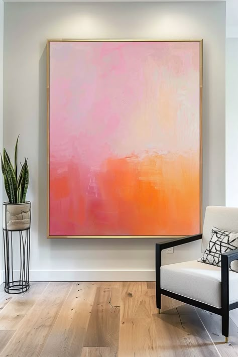 Original handmade abstract painting featuring soft pink and vibrant orange hues blending seamlessly on canvas Canvas Art Pink Aesthetic, Red And Pink Abstract Art, Artwork For Office Wall, Home Inspo Colorful, Pink Orange Painting, Pink Orange Interior, Pink And Orange Office, Orange Interior Paint, Big Canvas Painting Ideas Abstract