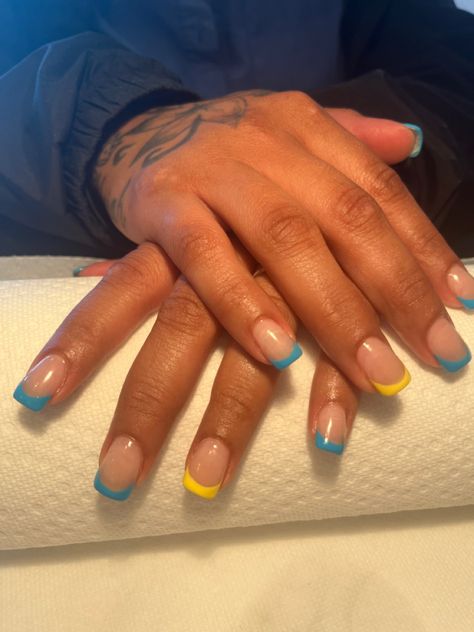 Teal And Yellow Nails, Yellow And Blue Nails, Blue And Yellow Nails, Sza Concert, Blue French Tip, Hoco Nails, Blue French Tips, Teal Nails, Purple Acrylic Nails