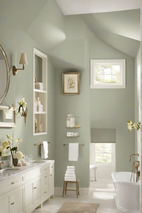 bathroom walls paint,room wall decor,painting design walls,bathroom interior design Light Green Walls Bathroom, Light Green Bathroom Walls, Light Green Bathroom Ideas, Bathroom Green Walls, Light Green Paint Colors, Spa Paint Colors, Seafoam Green Bathroom, Green Bathroom Paint, Green Interior Paint