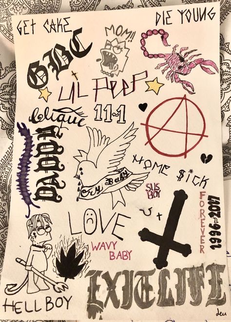 Lil Peep Hand Tattoos, Lil Peep Lyrics Drawing, Emo Rap Aesthetic, Lil Peep Art Drawing, Lil Peeps Tats, Gbc Tattoo, Lil Peep Inspired Tattoos, Piercings Drawing, Rap Tattoo Ideas