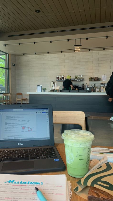 Starbucks While Studying, Working In Starbucks Aesthetic, Starbucks Working Aesthetic, Starbucks Aesthetic Studying, Starbucks Work Aesthetic, Studying At Starbucks Aesthetic, Starbucks Employee Aesthetic, Matcha Study Aesthetic, Work From Cafe Aesthetic