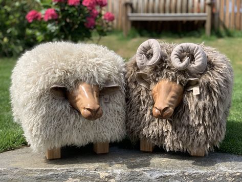 Sheep Room Decor, Highland Cow Footstool, Cow Footstool, Knitted Chicken, Ram Sheep, Retro Crafts, Funky Furniture, Rock Crafts, Unique Things