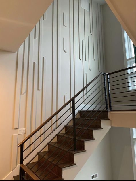 Panels On Stair Wall, Step Wall Design, 2 Story Focal Wall Stairs, Wall Paneling Ideas Stairs, Stair Well Accent Wall, Stair Wall Ideas Modern, 2 Story Entry Way Wall Ideas, Panelled Staircase Wall, Accent Wall In Stairway