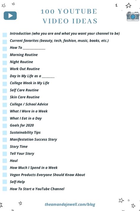 To see the rest of the 100 YouTube video ideas, go to my blog post "How To Start a YouTube Channel in 2020" and download the PDF of 100 video ideas! Make sure to also check out the YouTube starter checklist! Youtube Channel Content Ideas, Idea For Youtube Channel, Vlog Youtube Ideas, Creating A Youtube Channel, Youtube About Ideas, Ideas For Making Youtube Videos, Starting A Youtube Channel Tips, Beginner Youtube Tips, When To Post On Youtube