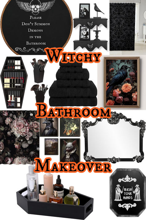 Create a beautifully spooky bathroom with these items. Featuring plague doctor signs, ornate mirrors, and coffin-shaped shelves, these decor pieces will help create the witchiest powder room. Witchy Bathroom Ideas, Witchy Bathroom, Spooky Bathroom, Witchy Items, Shaped Shelves, Ornate Mirrors, Witchy Style, Ornate Mirror, Witchy Fashion