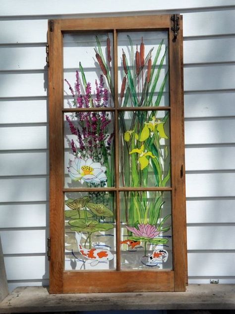 30 Window Glass Painting Ideas for Beginners 10 Window Painting Ideas, Painted Window Panes, Old Windows Painted, Windows Repurposed, Window Pane Art, Painted Window Art, Painting On Glass Windows, Old Window Projects, Old Window Frames