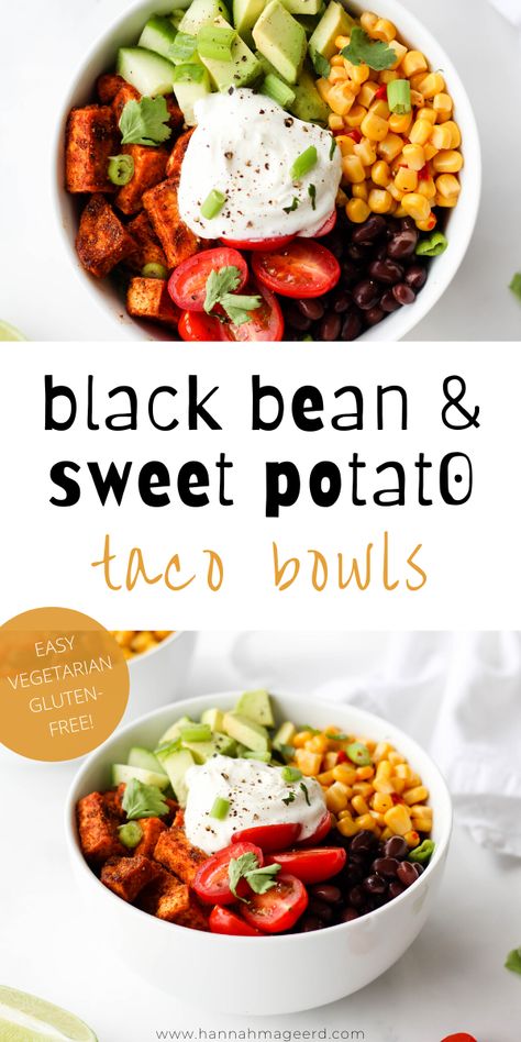 These Black Bean Sweet Potato taco bowls are the perfect meatless weeknight meal. They’re packed with flavour, nutrition and are easily customizable!  #meatlessmeal #meatlessmonday #meatlessmeals #plantbased #tacobowls #blackbean #sweetpotato #tacobowl #tacosalad #healthylunch #healthydinner Blackbean Sweetpotato, Vegetarian Taco Salad, Black Bean Sweet Potato, Taco Bowl, Sweet Potato Tacos, Potato Tacos, Vegetarian Tacos, Meatless Dinner, Taco Bowls