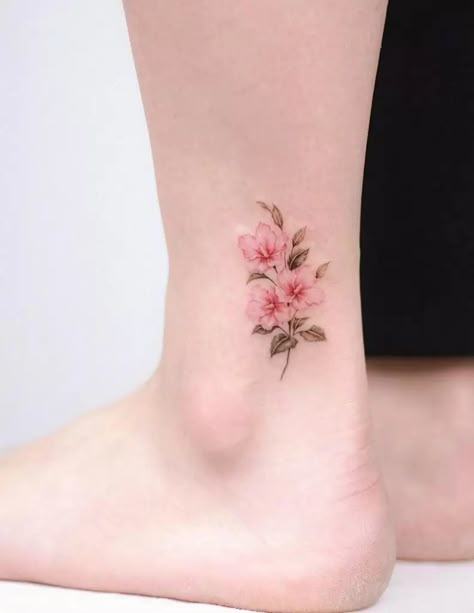 Pink Primrose Tattoo, Small Flower Tattoos On Ankle, Small Azalea Flower Tattoo, Small Hibiscus Flower Tattoos, Azalea Flower Tattoo, Cherry Flower Tattoo, Azalea Tattoo, Pink Flower Tattoo, Pink Flower Tattoos