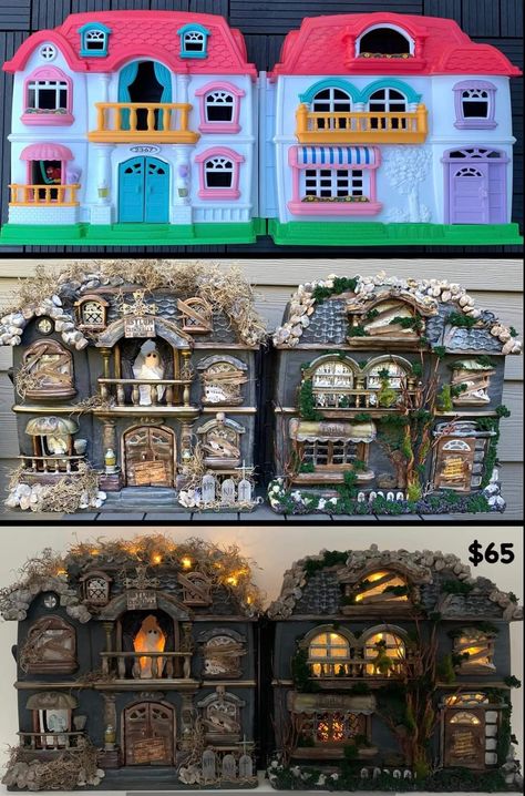 Thrift Store Dollhouse, Haunted House Diy Dollhouse, Diy Spooky Dollhouse, Dollhouse Makeover Halloween, Spooky Doll House, Haunted Doll House Diy, Doll House Haunted House, Spooky Dollhouse Diy, Halloween Dollhouse Diy