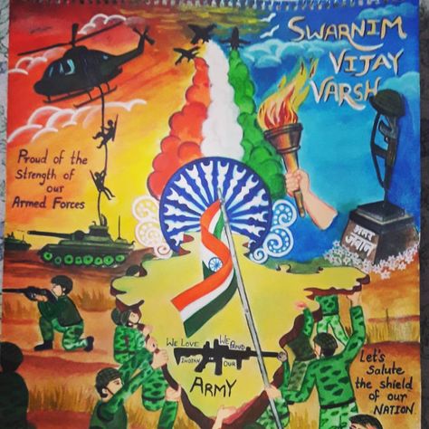 Kargil Vijay Diwas Creative Painting, Drawing Competition Poster Ideas On Independence Day, Ncc Day Poster Ideas, Kargil Divas Poster Drawing, Painting On Veer Gatha Project, Ncc Day Poster, Kargil Diwas Drawing, Republic Day Poster Ideas, 15 August Painting