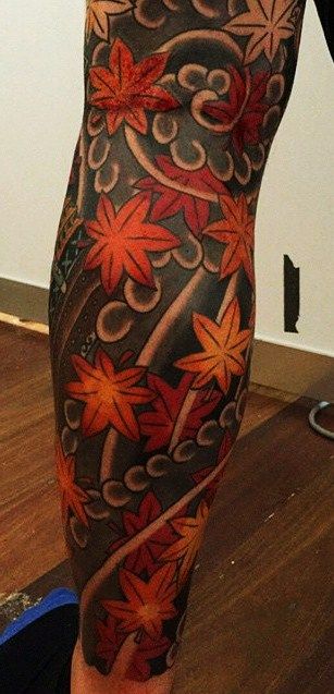 Maple leaves and Blackwork Japanese Maple Leaves Tattoo, Japanese Maple Leaf Tattoo, Maple Leaves Tattoo, Japenese Maple, Sleeve Background, Journey Tattoo, Leaves Tattoo, Tiger Tattoo Design, Japanese Tattoos