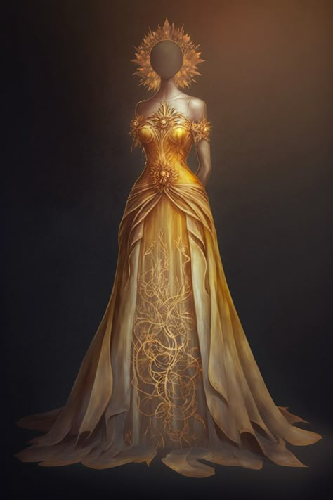 Leo zodiac sign inspired gown Leo Zodiac Inspired Outfits, Sun And Moon Fantasy Clothes, Lion Inspired Dress, Sun Themed Fantasy Dress, Sun Goddess Cosplay, Sun Princess Dress, Golden Goddess Dress, Fantasy Sun Dress, Leo Zodiac Outfit Aesthetic