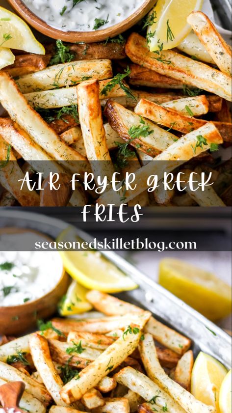 Air-Fryer Greek Fries with Tzatziki, is the perfect snack or side dish to any meal infused with delicious Greek flavours that comes together in no time! Russet potatoes are hand cut into fries, cooked in the air-fryer until crispy and golden then tossed in a delicious Mediterranean herb blend of oregano, garlic and dill! Serve as a tasty side dish or snack. Recipe includes detailed how-to-video! Fried Taters, Air Fryer Fries, Air Fryer French Fries, Yummy Fries, Homemade Fries, Making French Fries, French Fries Recipe, Crispy French Fries, Homemade French Fries