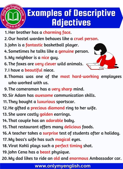 Descriptive Adjectives, Writing Structure, Adjectives Grammar, Grammar Notes, English Grammar Notes, Basic English Sentences, English Grammar Exercises, Grammar English, English Lesson Plans