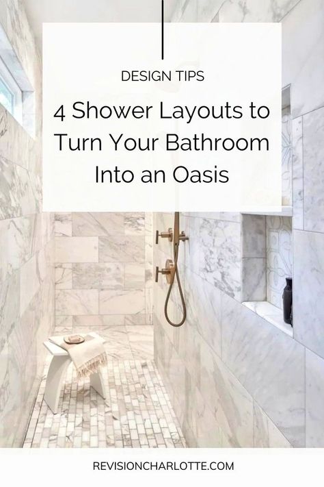 These luxury (and simple) shower remodels will turn your bathroom design into an oasis! Click through for the 4 shower layouts we love for our bathroom remodel clients. We offer bathroom makeovers and design in the Greater Charlotte, North Carolina area. luxury bathroom design, shower aesthetic Oasis Bathroom, Shower Layout, Shower Aesthetic, Big Shower, Luxury Bathroom Design, Bathroom Makeovers, Traditional Bathrooms, Shower Style, Classic Tile