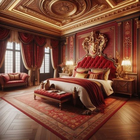 Red Royal Bedroom, Royal Bedroom Ideas, Red Room Aesthetic, Castle Core, Hogwarts Room, Red Castle, Royal Bedroom, Castle Bedroom, King Size Bedding Sets