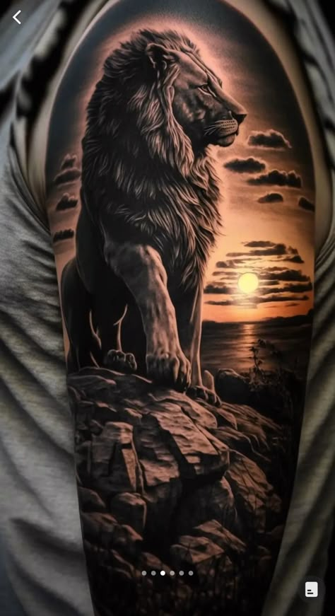 Lions Sleeve Tattoo, Realistic Lion Tattoos, Lion Bicep Tattoo Men, Lion Arm Sleeve Tattoo, Lion Leg Sleeve Tattoo, Best Lion Tattoos Men Arm, Lion Leg Tattoo Men, Lion Tattoo Design For Men, Sleeve Lion Tattoo