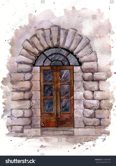 old door in the stone wall of the building, painted in watercolor Royalty free image illustration Watercolor Doors, Watercolor Door, Hand Lettering Diy, Stone Door, Wall Building, Landscape Embroidery, Pen Art Work, Building Painting, Travel Painting