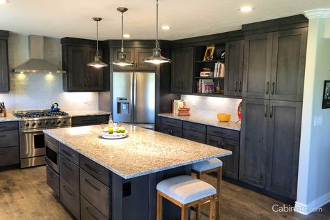 Large Rustic Kitchen with Slate Cabinets and Stacked Straight Crown - Cabinets.com Large Rustic Kitchen, Modern Shaker Kitchen, Slate Kitchen, Stained Kitchen Cabinets, House Redesign, Staining Cabinets, Maple Cabinets, Shaker Style Kitchens, Rustic Modern Kitchen