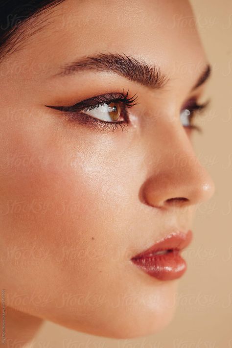 Side View Crop Face Beauty Portrait Of Young Woman With Classy Make Up | Stocksy United Side Eyes Reference, Woman 3/4 View, Lips Reference Photography, Eye Side Profile, Side View Eyes, Straight Nose Side Profile, Nose Side View, Mouth Side View, Eyes Side View