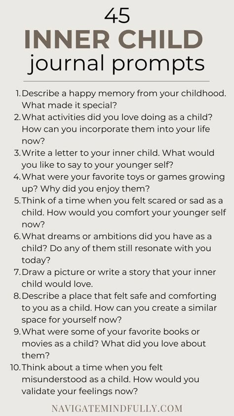 inner child journal prompts Journal Prompts Childhood, Inner Healing Journal Prompts, Journal Prompts For Inner Child Healing, Father Wound Healing Journal Prompts, Inner Child Prompts, Self Healing Journal Prompts, Journal Ideas Healing, Mother Wound Healing Journal Prompts, Inner Child Activities