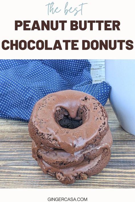 Your family will love these rich and delicious, super easy to make peanut butter chocolate donuts! #chocolate #peanutbutter Baked Cake Mix Donut Recipe, Cake Mix Donuts Recipe, Baking Homemade Bread, Cake Mix Donuts, Donuts Chocolate, Sweet Dessert Recipes, Making Peanut Butter, Doughnut Recipe Easy, The Perfect Loaf