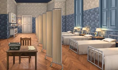 Fantasy Hospital Concept Art, Fantasy Infirmary, Infirmary Room, Fantasy Hospital, Clay Plushies, Medieval Hospital, Anime Hospital, Oc Background, Hospital Background