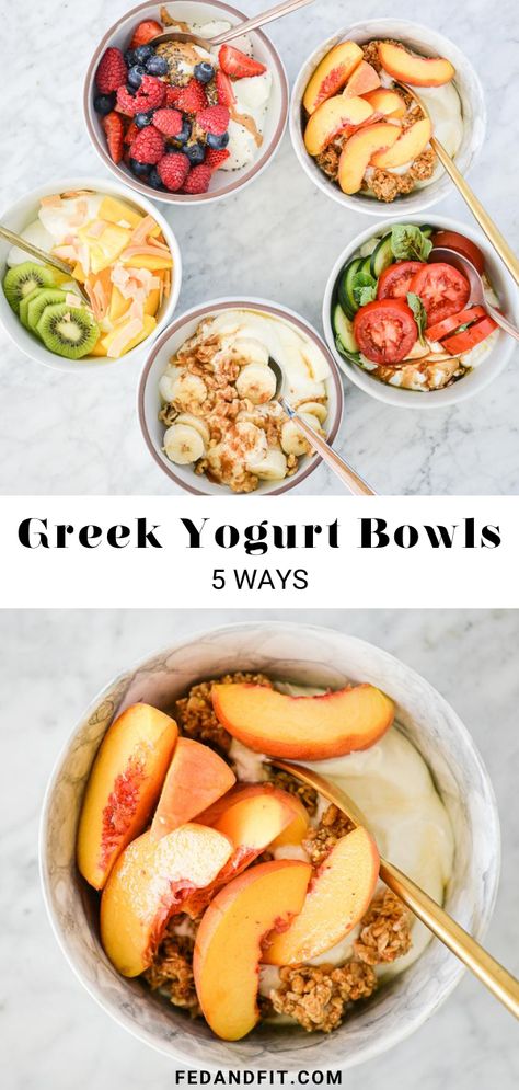 These Greek yogurt bowls are the perfect way to jazz up your mornings + keep you energized, full, and productive for the long haul! Greek Yogurt Breakfast Bowl, Yogurt Bowl Recipe, Yogurt Recipes Healthy, Yogurt Breakfast Bowl, Greek Yogurt Breakfast, Healthy Breakfast Choices, Yogurt Bowls, Packed Breakfast, Healthy Greek Yogurt