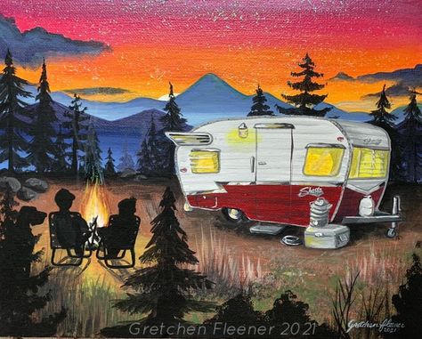 Camping Canvas Painting, Camper Painting, Camper Wallpaper, Camping Painting, Camping Pictures, Feel Good Pictures, Camper Art, Painting Gifts, Art Tutorials Watercolor