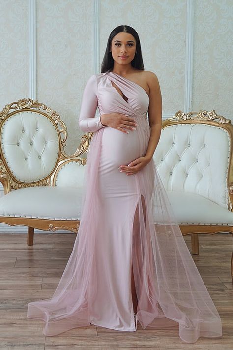 Gowns – Chic Bump Club Pink Dress Pregnant, Pregnancy Gowns Dresses, Maternity Ball Gowns, Pink Baby Shower Dress, December Weddings, Pink Maternity Gown, Maternity Robes, Gender Reveal Dress, Baby Shower Gown