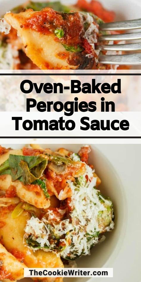 Oven-Baked Perogies in Tomato Sauce Perogies In The Oven, Perogie Sauce Recipes, Baked Perogies Oven, Cooking Perogies, Perogies With Spaghetti Sauce, Recipes Using Perogies, How To Cook Perogies Frozen, How To Prepare Perogies, Baked Perogies