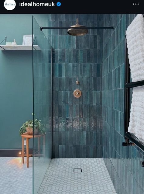 Blue Master Shower Tile, Bathroom Suite Ideas, Black Blue Bathroom, Teal Bathroom Tiles, Blue Tiled Bathroom, Blue Tile Bathroom, Blue Bathroom Ideas, Blue Tile Shower Ideas, Blue Shower Tile