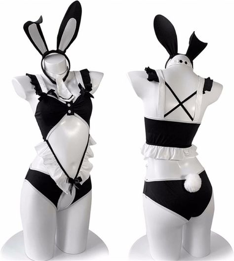 Black And White Rabbit, Draw Your Oc, Lingerie Design, Bunny Suit, Short Curly Wigs, Bunny Outfit, Black Stockings, Rabbit Ears, Bunny Girl