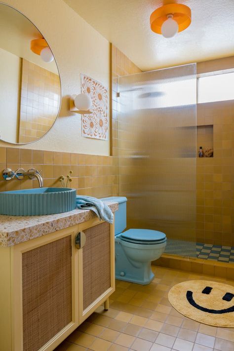 This Incredible Renovation of a 1970s California Home Is a Terrazzo Lover’s Dream - Dwell 1970s Bathroom, 1970s California, Concrete Collaborative, Terrazzo Bathroom, Mid Century Modern Bathroom, Yellow Tile, Tile Covers, Retro Bathrooms, Yellow Bathrooms