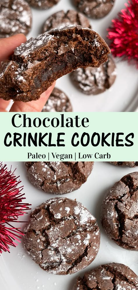 This healthy Paleo Chocolate Crinkle Cookie recipe is the perfect gluten free Christmas cookie recipe! Chewy on the inside with a crisp exterior, not too sweet, but absolutely delicious! These easy crinkle cookies are also Vegan, low carb (easily made keto) and just a few simple ingredients. #crinklecookies #chocolatecookies #christmascookies #paleo #vegan Easy Crinkle Cookies, Crinkle Cookies Gluten Free, Chocolate Crinkle Cookie Recipe, Chocolate Crinkle Cookie, Gluten Free Christmas Cookies Recipes, Paleo Cookie, Chocolate Crinkle Cookies Recipe, Paleo Christmas, Gluten Free Christmas Cookies