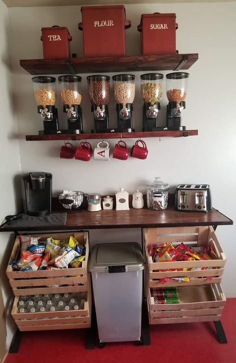 Breakfast Bar Organization, Break Room Snack Station, Snack Bar Ideas Home Diy, Smoothie Bar Home, Cereal Bar Ideas, Cereal Cupboard, Breakfast Station Ideas, Bedroom Aestethic, Bedroom Snack Station