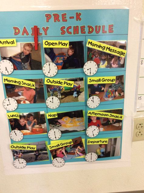 This pictorial schedule helps the Pre-K children at Sunshine House 03 in Loveland, CO learn about time and follow the routine of their exciting day. Visual Schedule Preschool, Classroom Schedule, Preschool Schedule, Preschool Rooms, Prek Classroom, Preschool Classroom Decor, Toddler Classroom, Creative Curriculum, Preschool Class