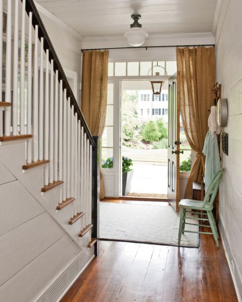 Farmhouse Entryway Front Door Curtains, Farmhouse Foyer, Farmhouse Entry, Southern Farmhouse, Wood Plank Walls, Southern Living House Plans, Farmhouse Renovation, Farmhouse Entryway, Southern Living Homes