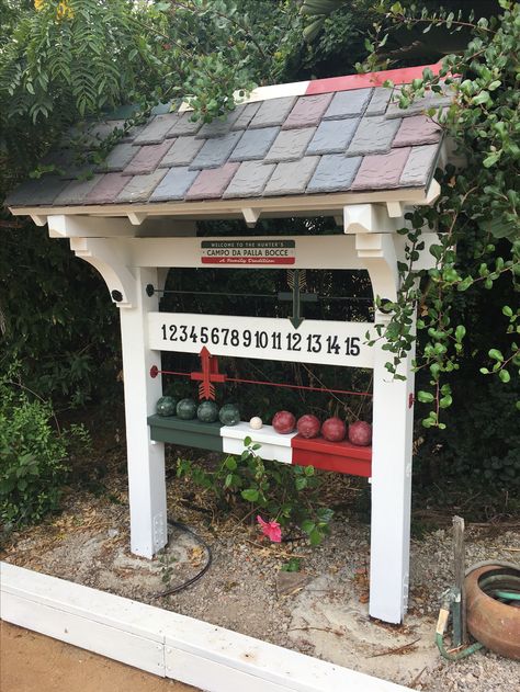 Bocce court scoreboard in Santa Barbara California. Bocce Ball Court Backyard Lights, Bocce Scoreboard Diy, Bocce Ball And Horseshoe Pit, Building A Bocce Ball Court, Bocce Ball Scoreboard, Bocce Ball Court Scoreboard, Bocce Court Backyard, Giant Outdoor Games, Bocce Ball Court