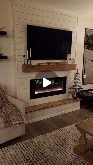 Diy Fireplace Using Electric Insert, Shiplap Electric Fireplace With Tv, Electric Fireplace Bump Out Wall, Electric Fireplace Cathedral Ceiling, Entertainment Fireplace Center Ideas, Bedroom Electric Fireplace Ideas With Tv, Built In Shelves Living Room Electric Fireplace Diy, Hidden Mantel Storage, Electric Fireplace With Hidden Storage