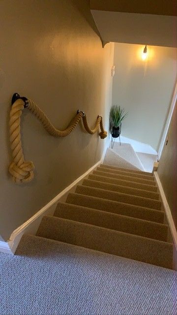 Rope Banister, Rope Handrail, Rope Railing, House Staircase, Fantasy Rooms, Barn House Plans, Barn House, Railing, Coastal Decor